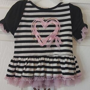 Little Lass Black and White Striped Top with Pink Heart